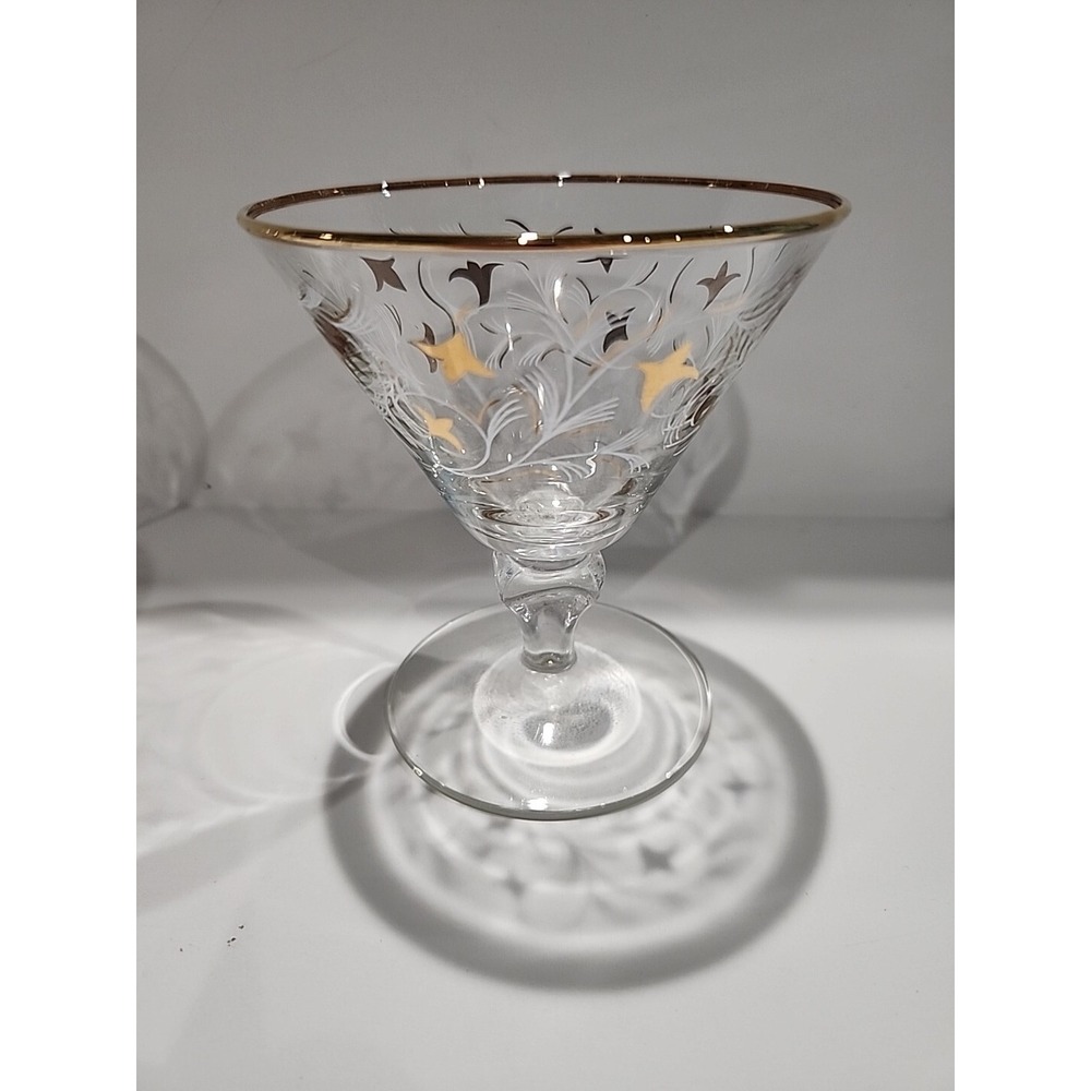 Vintage Etched Gold Star Martini Glasses Gold Rim Cocktail Set of 4 MCM